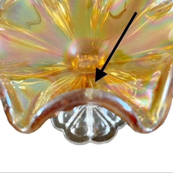 Antique Marigold Carnival Glass Compote Candy Dish Ruffle Clear Stem - Picture 6 of 7